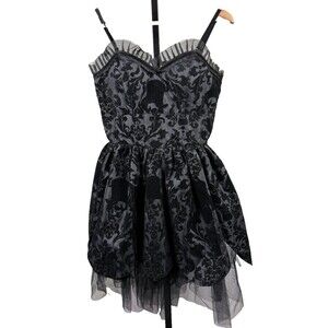 Hell Bunny Black Velvet Skull Damask‎ Gothic Mini Dress Tulle Small Whimsygoth